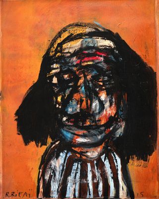 une peinture à l'huile représentant une femme portant un bandeau rayé