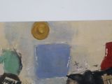a painting on the wall of a room with a chair and a table
