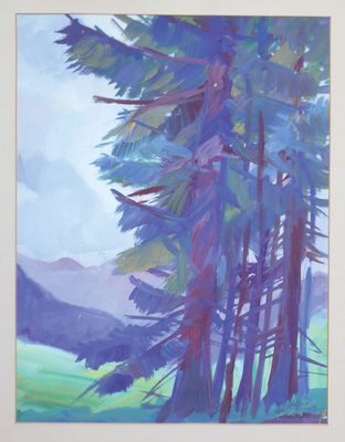 une image représentant un tableau montrant des arbres dans un champ, avec des montagnes en arrière-plan