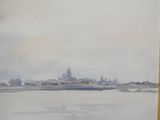 a watercolor painting of a city in the distance