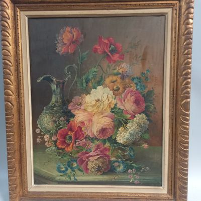 une peinture à l'huile représentant des fleurs dans un vase sur une table