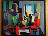 un tableau représentant une femme assise à une table, avec un verre de vin devant elle
