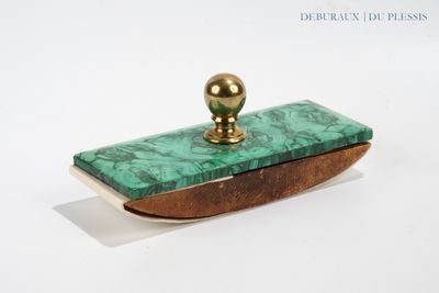 rectangular shaped green marble box with a brass ball on top