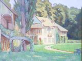 an oil painting of a house in a field with a tree in the foreground