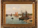 an oil painting of boats in a harbor with people on the shore