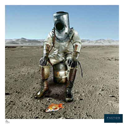 a man in a space suit sitting on a chair in the desert
