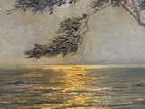 an image of a painting of a tree over the ocean