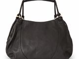 a black leather handbag with braid handles on a white background