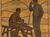 tableau représentant deux hommes assis sur un banc face au ciel