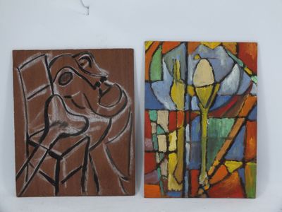 deux tableaux accrochés à un mur blanc : l'un représentant un cheval et l'autre un chien