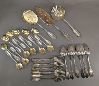 several silver spoons, forks and spoons laid out on a table