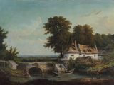une image représentant un tableau où l'on voit une rivière avec un pont au premier plan
