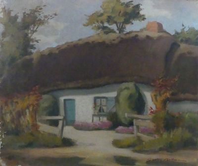 un tableau représentant une maison au toit de chaume