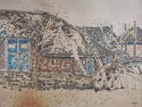 painting of a cow laying down in front of a house with a thatched roof
