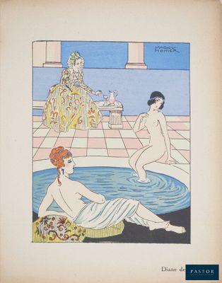 un vieux livre avec une image représentant deux femmes assises dans une piscine