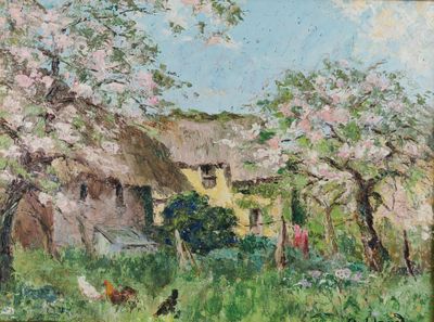 une peinture à l'huile représentant une maison et des poules dans un champ
