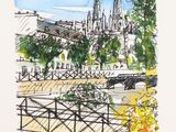 dessin représentant une vue d'une ville avec un pont enjambant une rivière