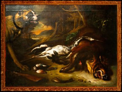 une peinture à l'huile représentant un chien et un animal mort dans une zone boisée
