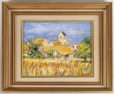 un tableau représentant une scène de campagne avec une maison en arrière-plan