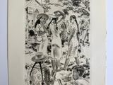un dessin en noir et blanc représentant un groupe de personnes sur une plage
