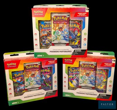 three boxes of pokemon cards are shown on a black background