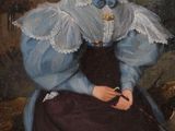 painting of a woman in a blue dress sitting on a rock