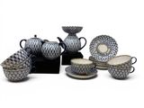 a group of blue and white dishes and cups and saucers