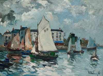tableau représentant des voiliers dans un port, avec des bâtiments en arrière-plan