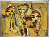 abstract painting of a man and a woman on a yellow background
