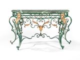 wrought iron console table with green marble top and gold leaf accents