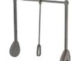 three metal spoons hanging from a metal rack on a white background