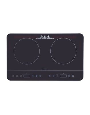 a black induction cooktop with two burners on a white background