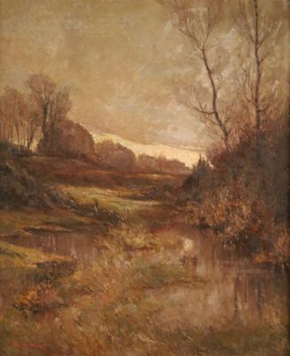 l'image d'une peinture représentant une rivière avec des arbres en arrière-plan