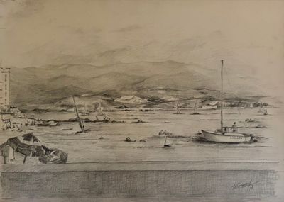 drawing of a view of a beach with boats and mountains in the background