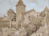 a picture of a painting of a castle on a hill