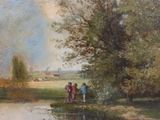painting of a couple of people standing by a river in a field