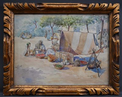 une peinture à l'huile représentant un groupe de personnes sur une plage, avec une tente