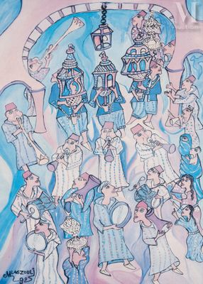 an image of a painting of a group of people in blue and pink
