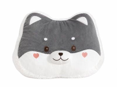 grey and white cat shaped pillow with hearts on the eyes