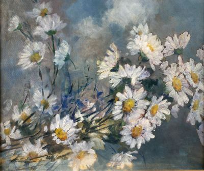 painting of daisies in a glass vase on a table
