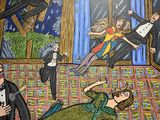 a painting of a man in a tuxedo and a woman in a green dress on the floor