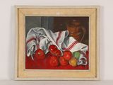 a painting of tomatoes and apples on a table