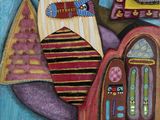 a painting of a group of colorful objects on a wall