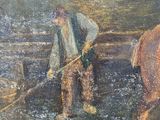 an oil painting of a man plowing a field with a horse
