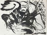 une image d'un dessin en noir et blanc d'un homme sur un cheval