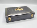 a black suitcase with a lock on it on a white surface