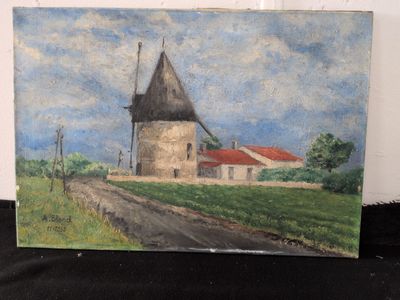 an oil painting of a windmill in a field with a dirt road in front of it