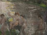 un tableau représentant un groupe de nus se baignant dans une rivière
