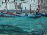 painting of boats in a harbor with buildings in the background