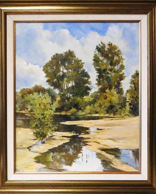 an oil painting of a river with trees in the background
